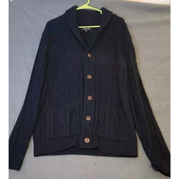 Liverpool‎ Fisherman Cable Knit Cardigan Sweater Men's Sz L Preppy Navy Blue - Picture 1 of 10